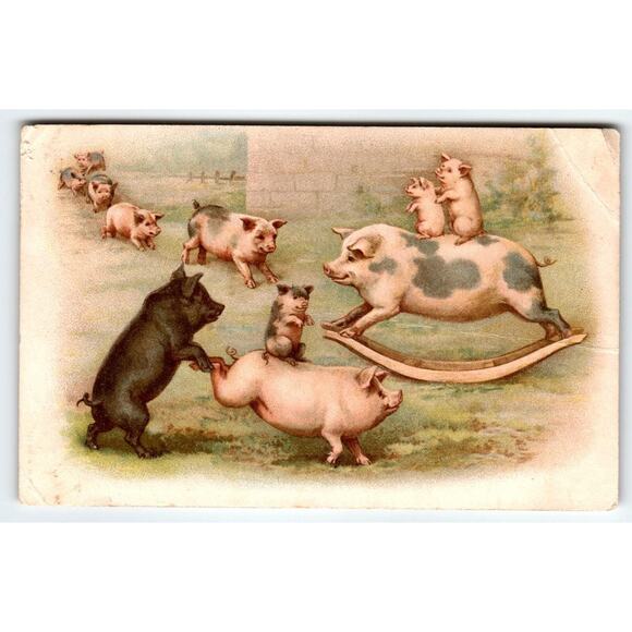 Pigs Fantasy Anthropomorphic Postcard Piglets Piggyback On Rocking Chair A&MB - Picture 1 of 2